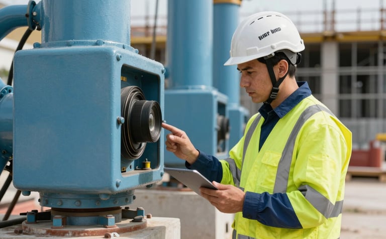 A safety specialist in high-visibility gear and a helmet inspecting industrial equipment at a Southern European construction site. The scene is shot with a professional architectural photography style, focusing on precision and safety equipment in light blue and steel blue colors.