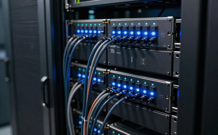 A close-up photograph of advanced hardware in a high-tech data center located in North America. The scene features glowing blue indicator lights and organized cabling, conveying a sense of cutting-edge data processing and secure technology systems.