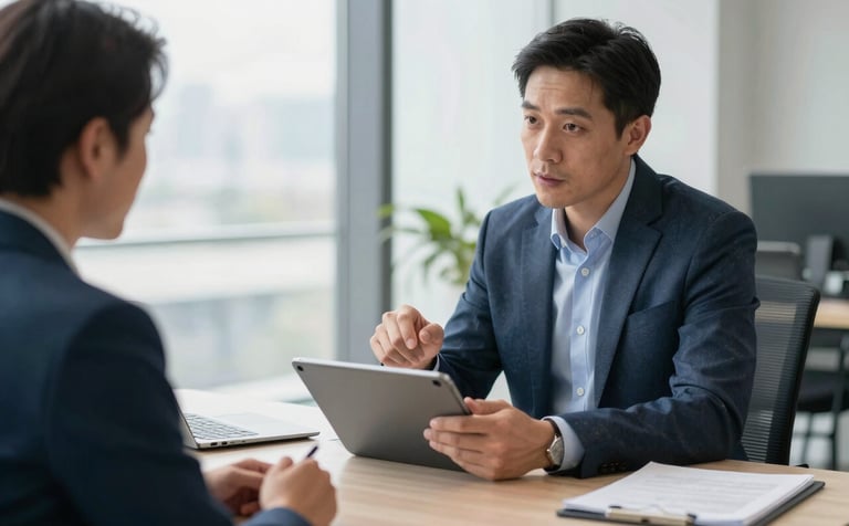 A high-end North American office setting with a technology consultant discussing strategy over a tablet with a client. The atmosphere is professional and innovative, featuring a desk with a clean aesthetic and soft natural light. Muted blue and off-white tones dominate the scene.