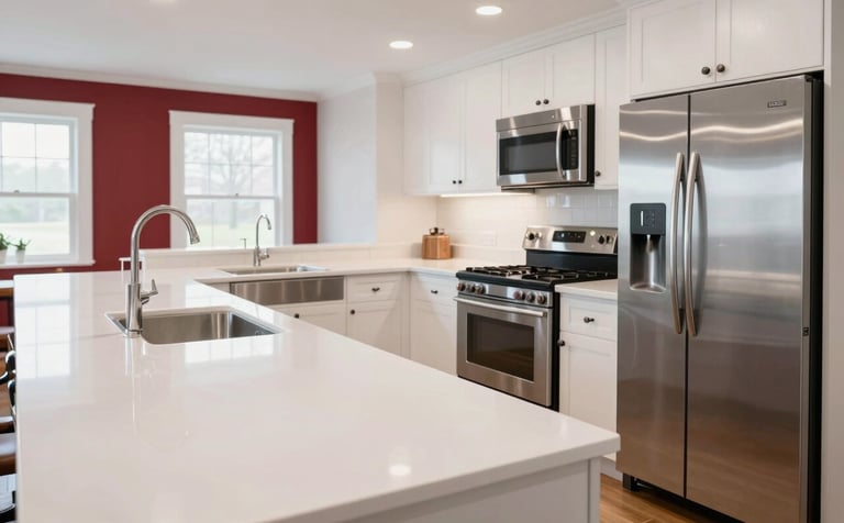 A high-end, clutter-free kitchen in a Bucks County, Pennsylvania residence. The shot captures the entire room, showing sparkling white countertops and perfectly clean stainless steel appliances. The lighting is bright and airy, emphasizing a masterfully cleaned environment. There are no dishes or debris, only a sense of paramount service and order. Accents of Candy Apple Red are visible in the background.