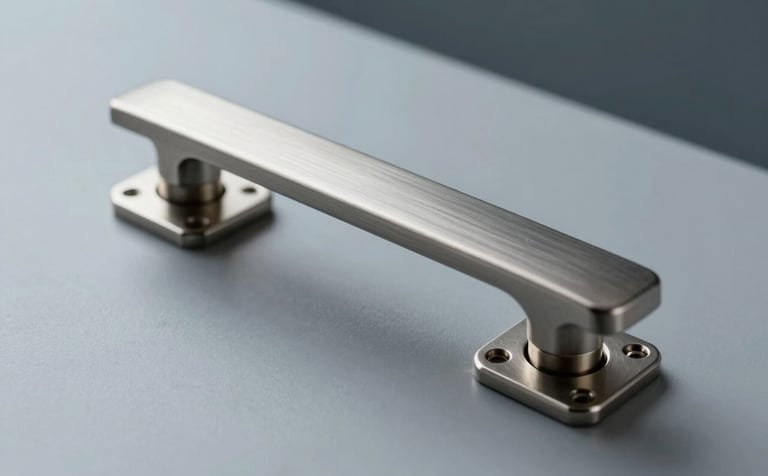 A premium, minimalist product photography shot of architectural hardware, featuring a modern brushed-metal door handle and a modular hinge on a clean Steel Gray surface. Subtle depth of field with Muted Blue tones, illustrating luxury and reliability.