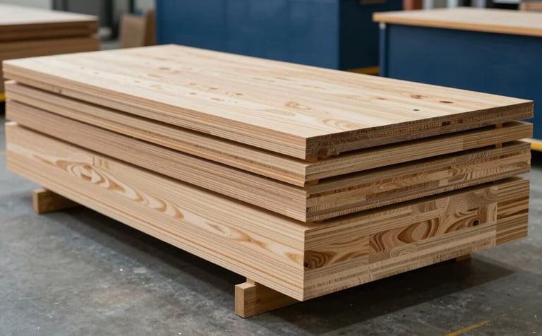 A professional, high-end photography shot of stacked premium plywood sheets in a clean, modern warehouse showroom in Bhopal. The lighting is crisp and sophisticated, highlighting the wood grain and high-quality finish. South Asian / Indian setting, with Muted Blue and Dark Navy accents in the background.