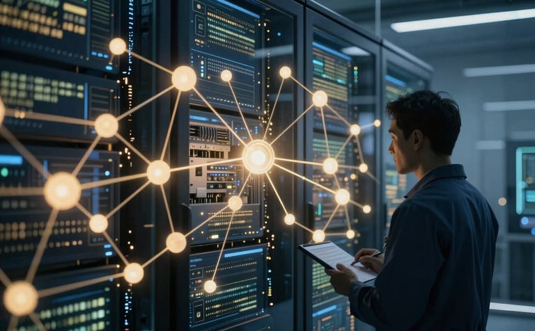 A high-tech data center visualization with a focus on ethical computing. Glowing nodes of soft gold and deep navy connect on glass screens. A researcher is seen in silhouette, reflecting the futuristic and authoritative approach to AI in medicine.