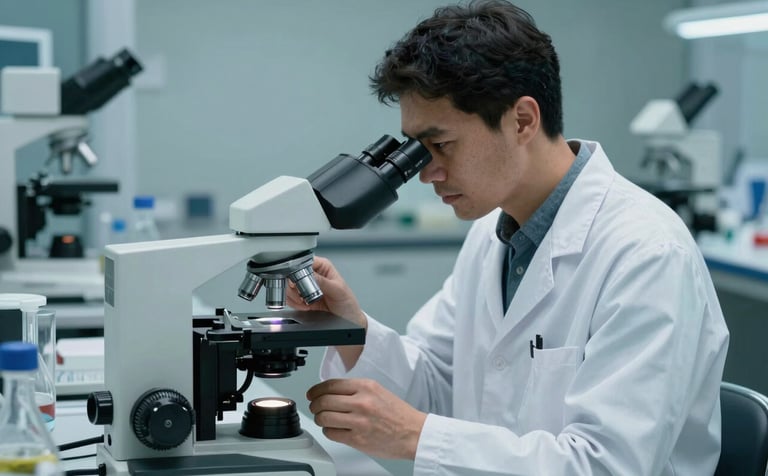 A professional scientific environment in deep teal tones. A researcher in a crisp white lab coat examines clinical samples under a high-precision microscope. The atmosphere is sophisticated and research-driven, with soft focus on medical equipment in the background.