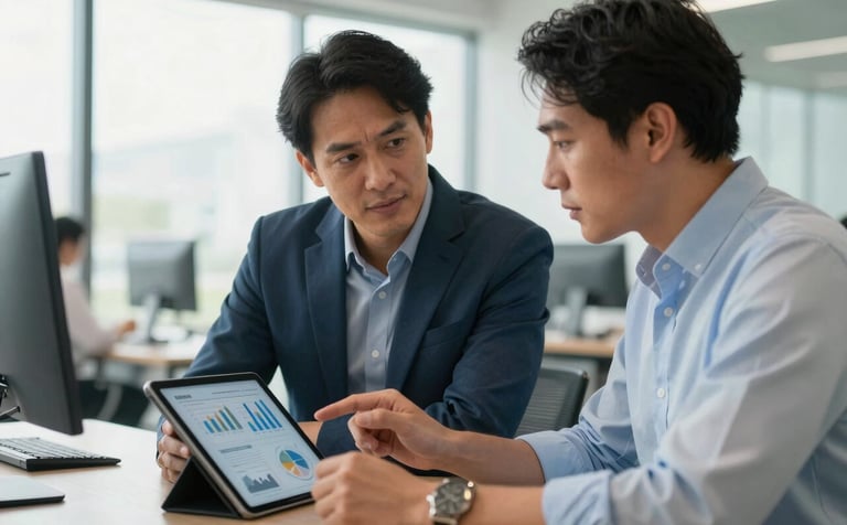 Two South American professionals in an inspiring, modern office discussing a plan on a digital tablet, looking at charts showing progress, medium blue and white professional tones, natural light.