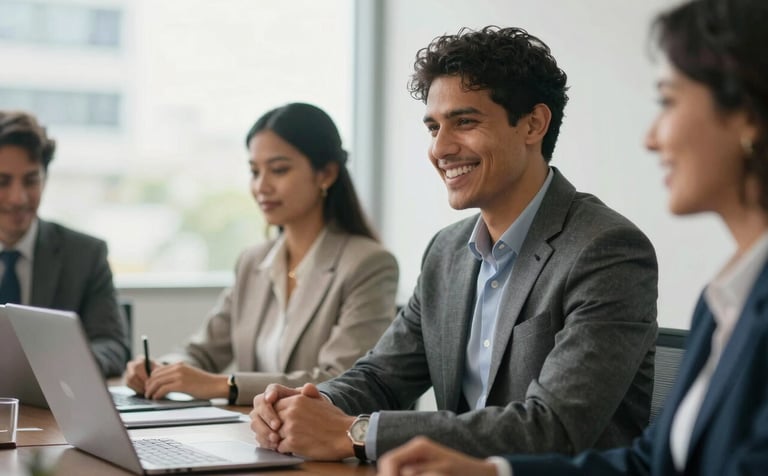 A professional South American person in business casual attire smiling confidently during a meeting in a bright Brazilian corporate setting, soft daylight, professional and encouraging atmosphere.