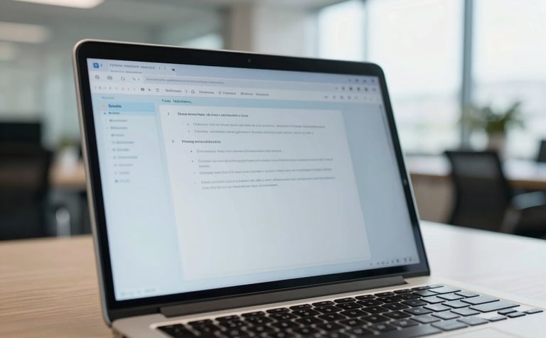 Photography of a modern South American office, focusing on a laptop screen showing a clean, professional document, bright natural light, using colors like light blue and white to evoke growth and order.