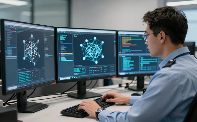 A professional forensic investigator in a modern British / UK office, analyzing complex digital data across multiple high-resolution monitors showing node connections. The atmosphere is focused and high-tech, with cinematic lighting in Deep Space Navy and Ice Mist Blue.