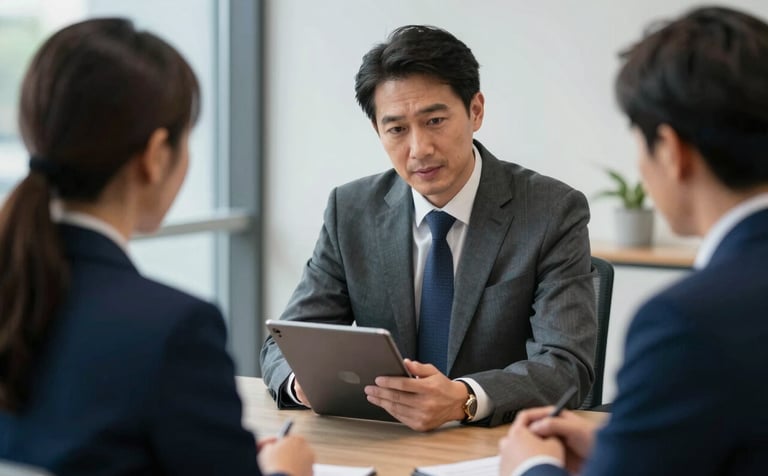 A high-end British / UK corporate consultation room where an expert is reviewing secure digital evidence on a tablet for a client. The setting conveys authority and trust, featuring materials in Slate Charcoal and Muted Denim Blue.