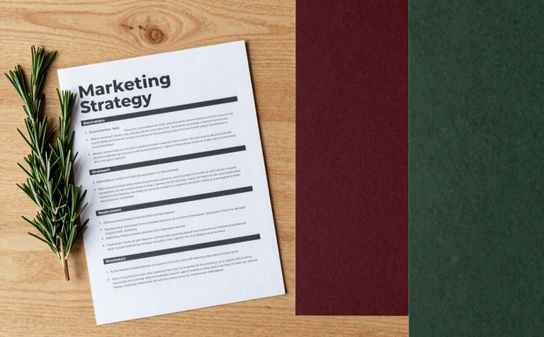 A top-down workspace shot on a light oak desk. A marketing strategy document sits next to a sprig of fresh rosemary and a mood board featuring textures of deep ripe crimson and matte forest green. Elegant and focused.