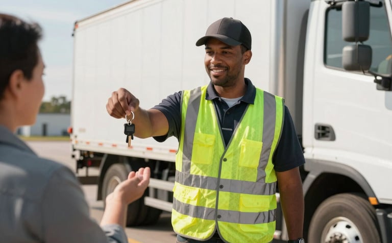 An action-oriented photography piece showing a professional North American service worker in a high-visibility vest standing next to a truck, handing a set of keys to a customer on a sunny morning in a DFW equipment yard. The mood is friendly and efficient.