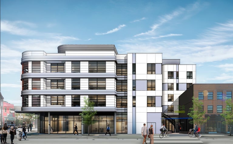 a rendering of a blue and white art-deco apartment building