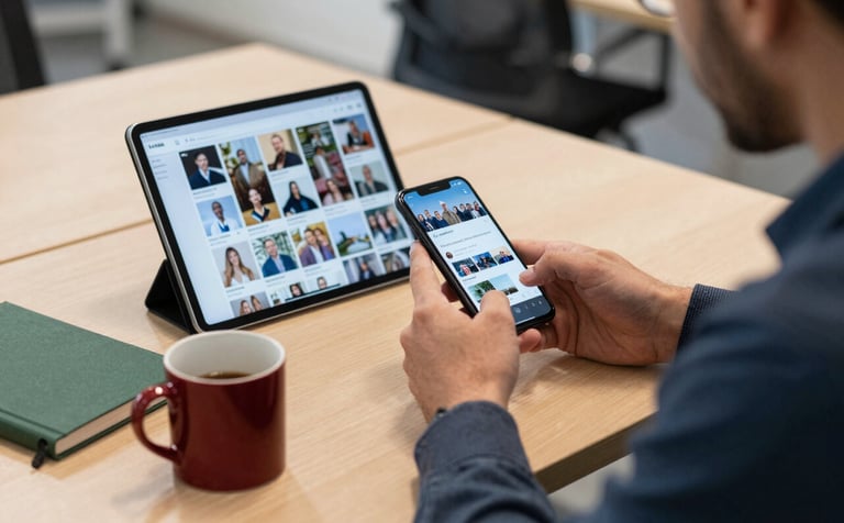 A professional in a modern European / French office environment, looking at a smartphone and a tablet showing social media grids. Clean Scandinavian style, soft natural lighting, with a forest green notebook and a deep red ceramic mug on a light wood desk.