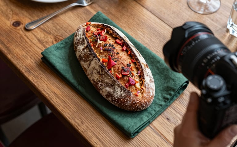 A top-down food photography scene in a European / French bistro. A rustic wooden table with artisanal bread and dark forest green napkins. A professional camera is visible in the corner of the frame, capturing the deep red tones of fresh ingredients.