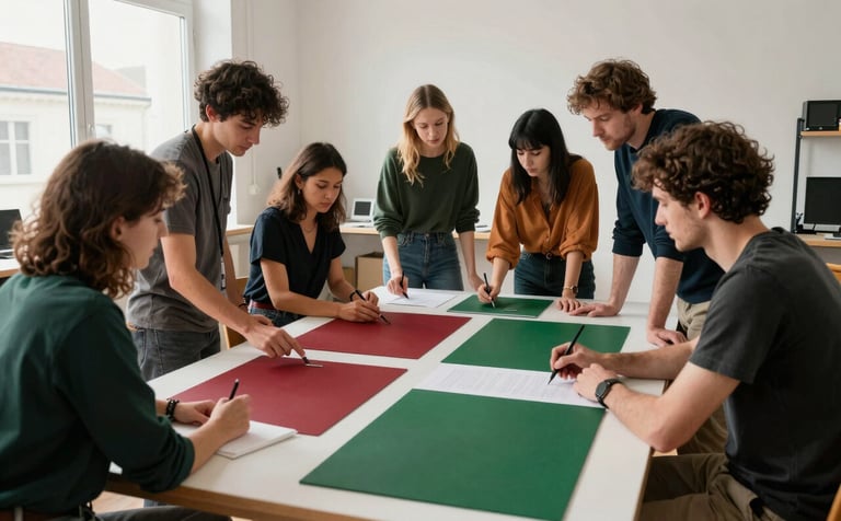 A diverse team of creatives in a light-filled European / French studio workspace. They are collaborating around a large table with deep red and forest green brand mood boards. The vibe is professional and focused on growth.