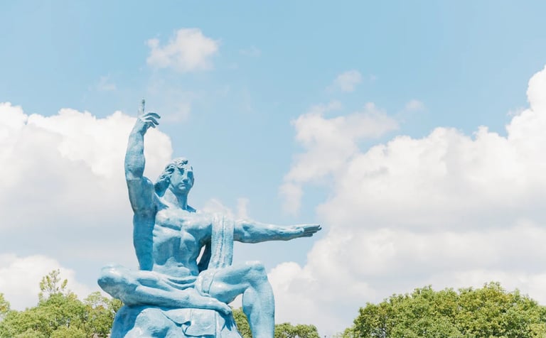 The Peace Statue in Nagasaki Peace Park, symbolizing prayer for peace and the victims of the atomic 