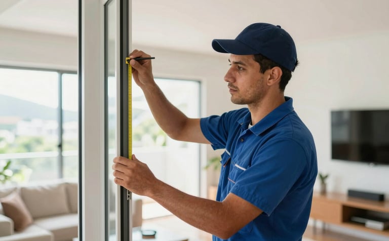 A medium shot of a professional installer wearing a uniform, working on a safety project in a bright Brazilian living room in Rio de Janeiro. He is precisely measuring a window frame. The scene conveys reliability, focus, and modern technical service.