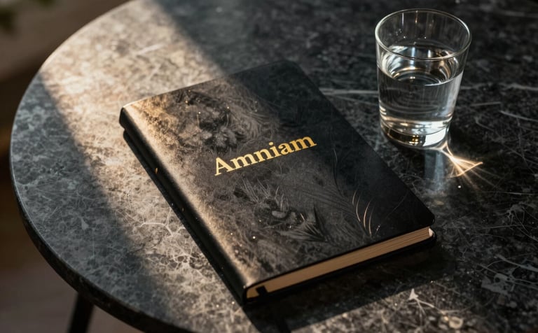 A cinematic flat-lay photograph of a personalized nutrition kit on a dark charcoal marble table. The kit includes a sleek black notebook with golden lettering and a glass of water. Golden morning light creates a luxury healthcare feel. South American style.