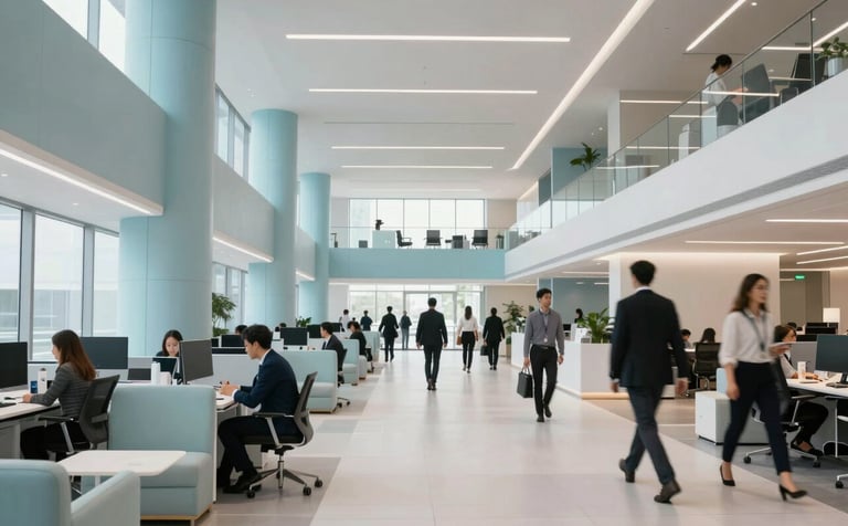 A wide shot of a modern, bustling professional office hub with high ceilings. People are moving with purpose through a space decorated with soft mist blue accents and pale arctic white furniture.
