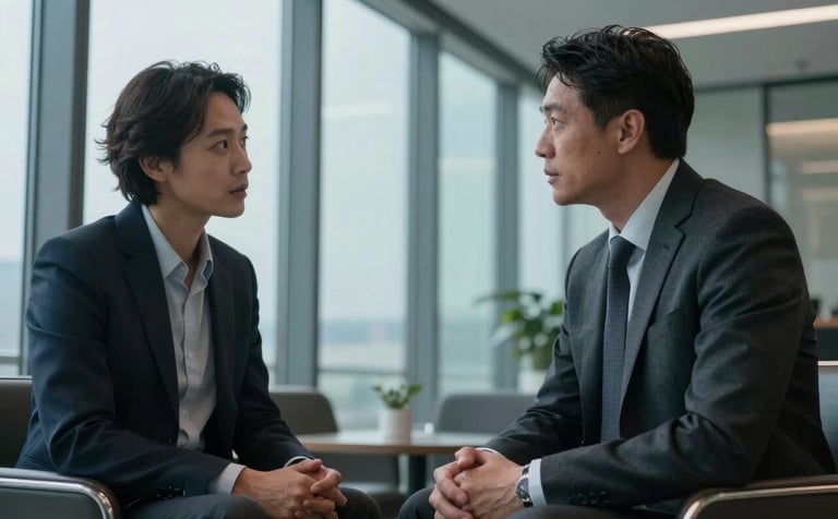 A low-angle shot of two executives in a sophisticated corporate lounge, engaged in a discreet, professional conversation. The background features floor-to-ceiling glass in muted slate blue tones, conveying trust and strategic partnership.
