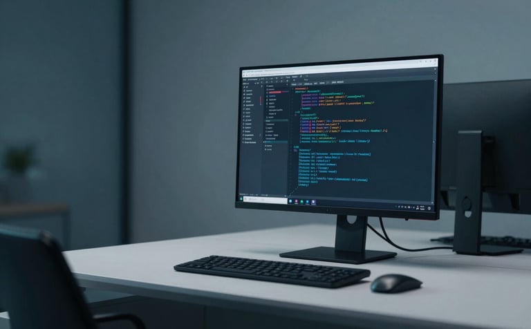 A high-end, clean-lined office workstation with a minimalist aesthetic. A glowing monitor displays blurred software code. The lighting features soft mist blue and deep charcoal teal tones, emphasizing modern efficiency and precision.