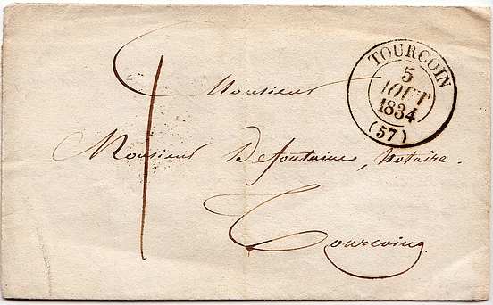 1834: Lettre de TOURCOING pour TOURCOING datée du 5 août 1834. Ce pli est en port dû et taxé à la pl