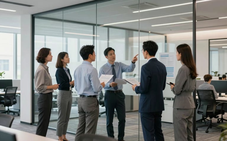 A high-end North American collaborative office space. Strategy experts are reviewing data on a glass wall. The scene is bright and professional, featuring soft grey and slate blue accents, clean lines, and a sophisticated vibe.
