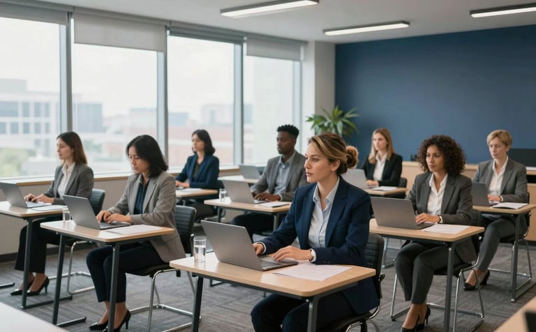 A professional North American office training room with large windows. A group of diverse adult professionals are engaged in a corporate workshop. The setting is bright and empowering with soft grey and deep blue accents, reflecting a sophisticated results-oriented atmosphere.