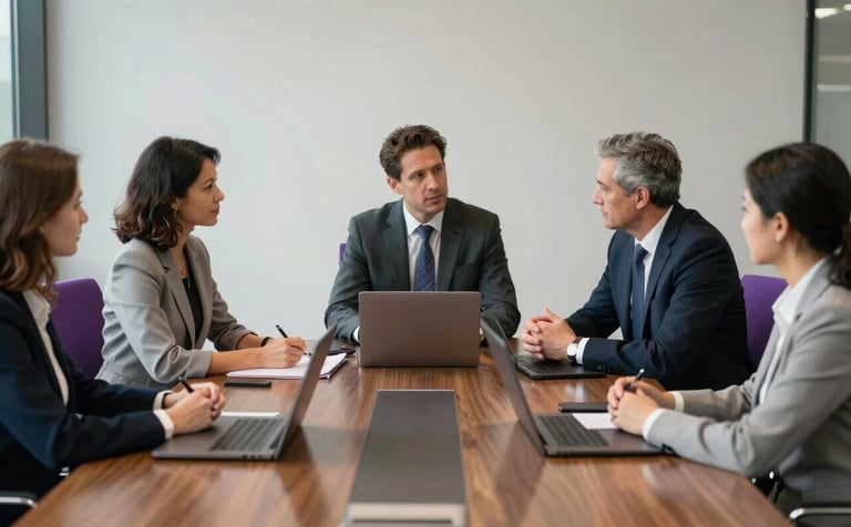 A sophisticated North American / US boardroom where a group of professionals are engaged in a high-stakes marketing strategy session. Soft Pearl Grey walls and Royal Violet furniture. Professional and cutting-edge vibe.