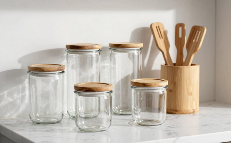 Clean, bright photography of high-quality glass storage jars and bamboo kitchen organizers arranged on a white marble countertop in a modern Northern European kitchen. Soft natural morning light, minimalist aesthetic, focus on textures of glass and wood.
