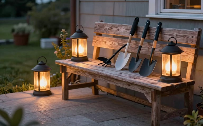 A tasteful Northern European patio at dusk, featuring warm solar-powered lanterns and high-quality gardening tools resting on a rustic wooden bench. Elegant atmosphere, professional photography, soft evening glow.