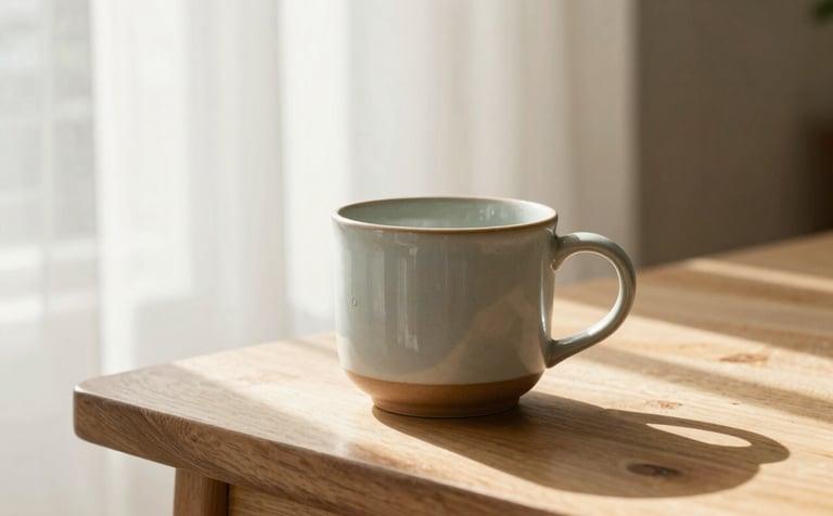 A close-up of a warm ceramic cup resting on a light timber table in an Australian sunroom, soft morning light filtering through linen curtains, creating a sense of calm and clarity. The color palette features soft sage and off-white tones.