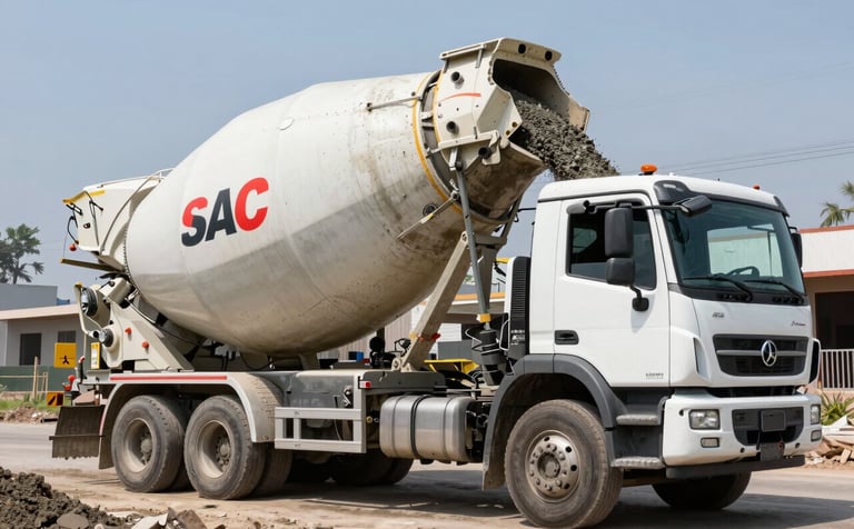 A professional photograph of a Prime Mix SAC ready-mix concrete truck discharging wet concrete at a South American residential construction site in Lima Norte, bright daylight, showcasing the reliability and fresh texture of the mix.