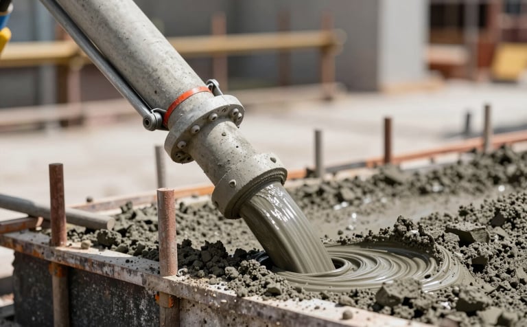A close-up shot of a concrete pump hose efficiently delivering smooth grey concrete into formwork at a Peruvian construction site, emphasizing speed and professional service.