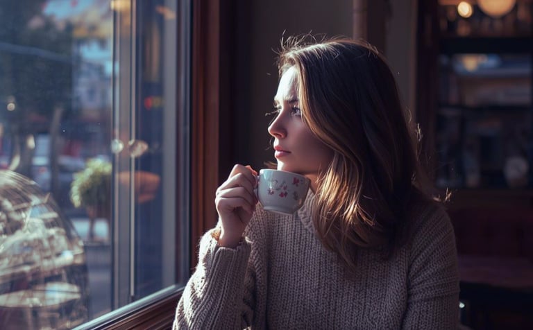 Woman sitting by window in the morning holding coffee, feeling thoughtful and calm – cortisol 