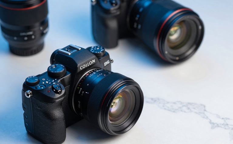 A close-up shot of professional camera gear and high-end tech accessories on a polished white marble surface, clean shadows, light blue and sapphire blue color palette, sleek and professional.