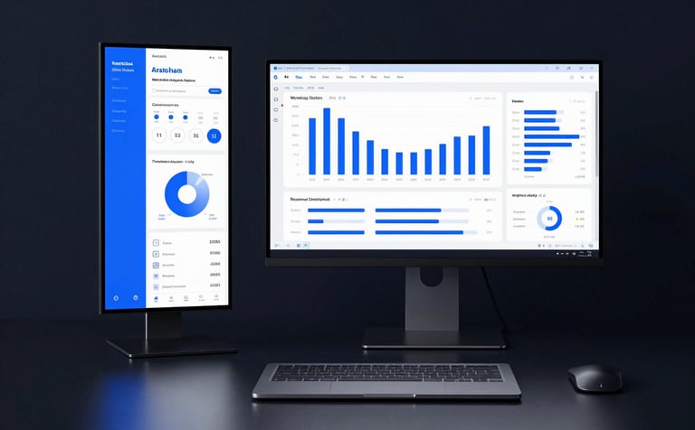 A minimalist, high-end workstation featuring a sleek laptop and a secondary vertical monitor displaying clean data analytics charts in sapphire blue and white, dark navy office environment, soft moody lighting.