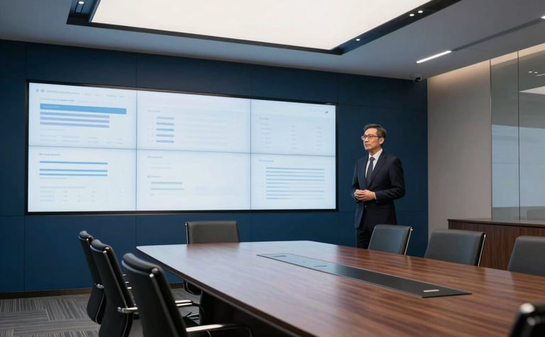 A wide shot of a high-tech boardroom in a North American corporate headquarters. A professional lead stands near a large screen showing clean, abstract data patterns. The setting is formal and innovative, using a dark navy and medium blue color palette with sharp, clean lines and soft overhead lighting.