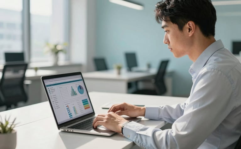A professional in a crisp business-casual outfit working in a sunlit, modern North American office. They are looking at a laptop screen displaying professional data visualizations. The atmosphere is clean and high-tech with light gray and light blue accents in the decor. High-end photography style with shallow depth of field.