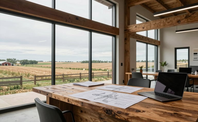A modern farm management office with large windows overlooking a sprawling North American landscape, a rustic wooden desk with agricultural plans and a laptop. Wide interior shot, clean, professional and airy.