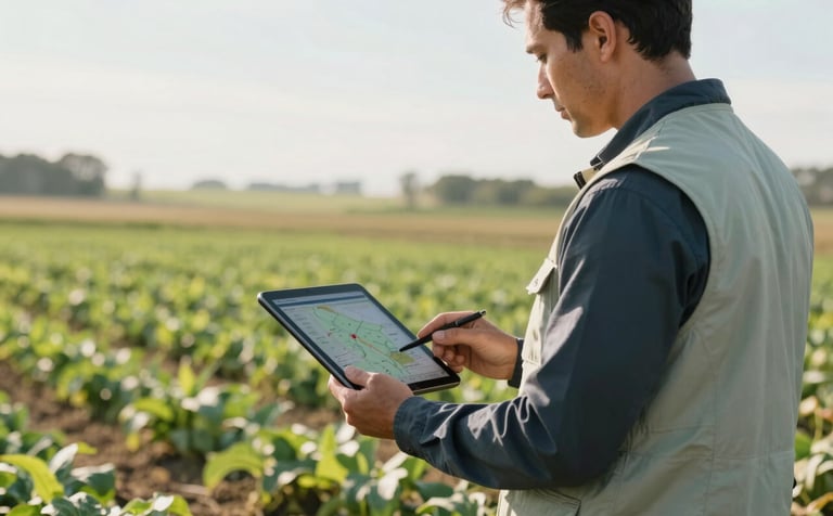 A professional agricultural consultant in a light sage green vest standing in a North American organic farm field, holding a tablet showing a site map. The lighting is bright afternoon sun, creating a sophisticated and clean atmosphere.