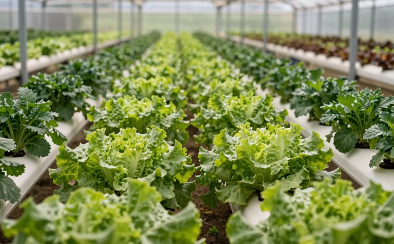 Rows of vibrant, healthy organic lettuce and deep green herbs in a modern greenhouse in North America, with soft morning light hitting the leaves. The composition is a low-angle shot looking down the clean, organized rows.