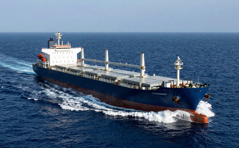 Cinematic photography of a massive cargo ship cutting through deep blue ocean waters. The composition highlights the vessel's scale against a vast horizon. The lighting is crisp, emphasizing the contrast between the dark blue sea and the white foam of the wake.