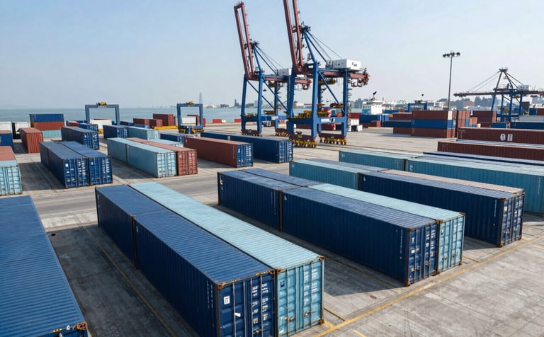 A high-angle photography shot of a bustling modern container terminal in a South Asian port. Bright daylight illuminates organized rows of dark blue and light blue shipping containers. A large crane is visible in the background against a clear sky, conveying industrial scale and efficiency.