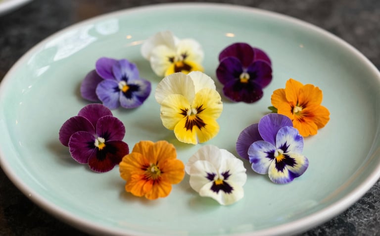 An elegant, close-up shot of multi-colored pansies and nasturtiums arranged artistically on a light green ceramic plate. The style is clean and airy with soft natural light, conveying a sense of luxury and freshness in a professional North American culinary setting.
