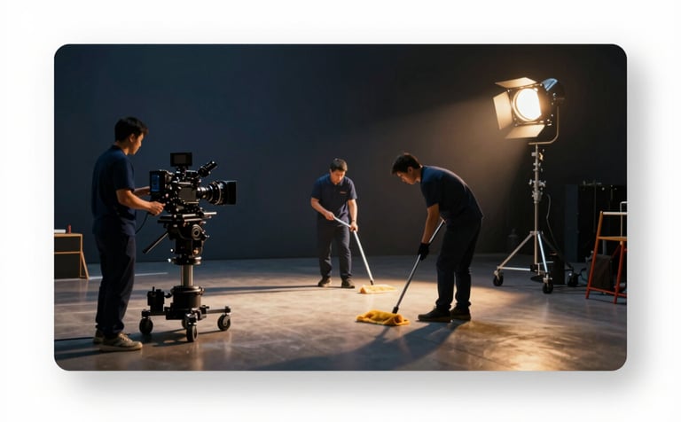 A high-end film production set during a break. Professional cleaners in subtle navy blue uniforms are meticulously cleaning the floors and surfaces around expensive camera equipment and lighting rigs. The lighting is cinematic with warm gold tones and deep navy shadows, reflecting a premium and polished atmosphere. Minimalist composition.