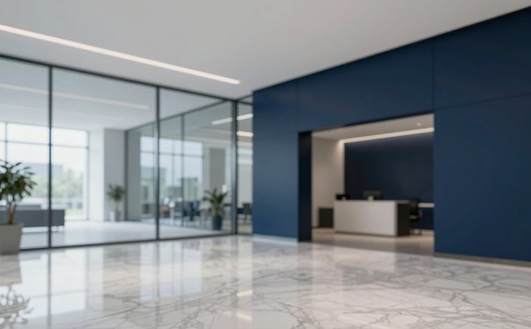 A pristine, modern corporate office lobby with glass walls and polished marble floors. A faint reflection of a gold logo is visible. The scene is minimalist and professional, utilizing a palette of Navy Blue and Light Grey. The environment looks impeccably clean and highly polished, conveying trustworthiness.