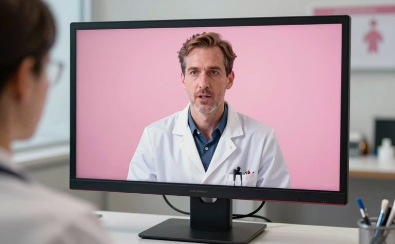 A North American / US doctor conducting a telehealth consultation through a high-definition monitor in a sophisticated medical office. The palette includes deep pink and pale pink highlights.