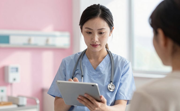 A professional North American / US hospital administrator efficiently managing patient records on a sleek tablet within a bright, modern clinic. The environment features soft pink accents and soft, natural morning light.