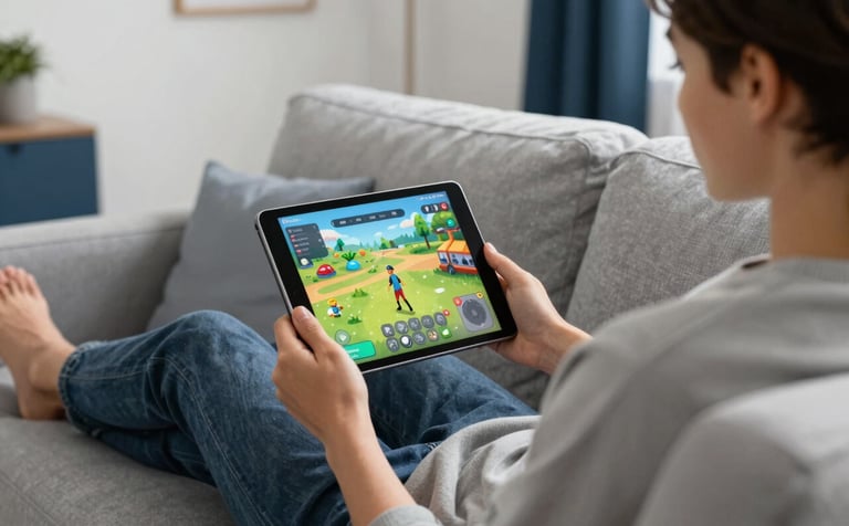 A lifestyle photograph of an individual relaxing on a contemporary gray sofa in a North American living room, holding a high-resolution tablet. They are focused on an colorful, engaging mobile game. The atmosphere is cozy and professional, featuring soft white walls and muted navy blue decor accents.
